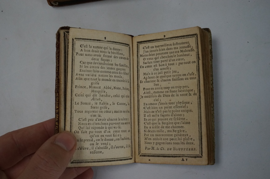 Pocket Book - late 17th/ early 18th century, tooled and gilt red morocco, unused but for an inscription on the first page, 13.2 x 8.5cm; French almanac for 1789, rococo Ducal? binding, 9.7 x 6cm. (2)